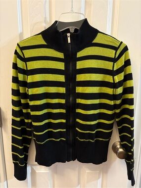 Striped Full-Zip Women's Sweater Set in Lime & Black & Long Sleeve Lime Tee
